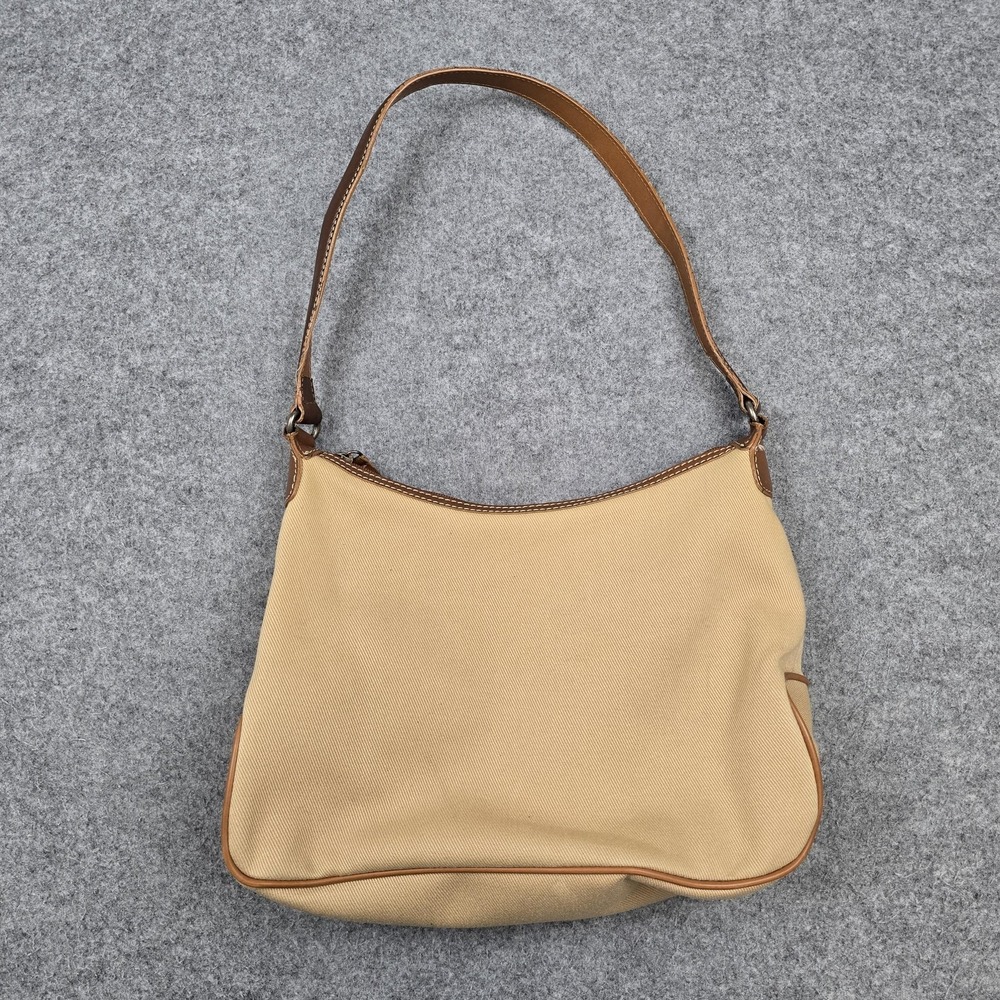 Vintage Fossil Hobo Bag Womens Medium Beige Canvas Leather Brown Shoulder Zip